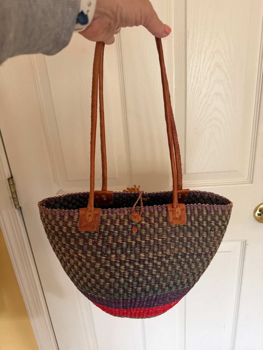 Handwoven Multicolor Straw Tote with Tan Leather Straps